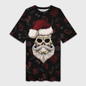 Платье-футболка 3D с принтом El Santa в Екатеринбурге,  |  | 2021 | bones | christmas | death | death day | happy | merry christmas | merry x mas | mexico | new year | santa | santa claus | scull | smile | борода | дед мороз | кости | мексика | новогодний | новый год | с новым годом | санта | скелет | счастливый | 