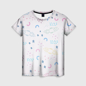 Женская футболка 3D с принтом Рисованный космос в Екатеринбурге, 100% полиэфир ( синтетическое хлопкоподобное полотно) | прямой крой, круглый вырез горловины, длина до линии бедер | звезды | линии | магнит | ракеты | рисованный | рисунок космос