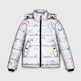 Зимняя куртка для мальчиков 3D с принтом Рисованный космос в Екатеринбурге, ткань верха — 100% полиэстер; подклад — 100% полиэстер, утеплитель — 100% полиэстер | длина ниже бедра, удлиненная спинка, воротник стойка и отстегивающийся капюшон. Есть боковые карманы с листочкой на кнопках, утяжки по низу изделия и внутренний карман на молнии. 

Предусмотрены светоотражающий принт на спинке, радужный светоотражающий элемент на пуллере молнии и на резинке для утяжки | Тематика изображения на принте: звезды | линии | магнит | ракеты | рисованный | рисунок космос