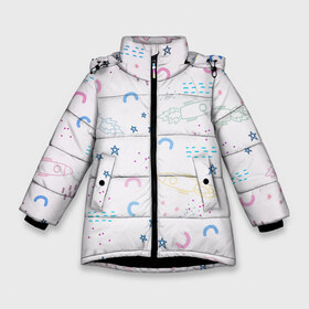 Зимняя куртка для девочек 3D с принтом Рисованный космос в Екатеринбурге, ткань верха — 100% полиэстер; подклад — 100% полиэстер, утеплитель — 100% полиэстер. | длина ниже бедра, удлиненная спинка, воротник стойка и отстегивающийся капюшон. Есть боковые карманы с листочкой на кнопках, утяжки по низу изделия и внутренний карман на молнии. 

Предусмотрены светоотражающий принт на спинке, радужный светоотражающий элемент на пуллере молнии и на резинке для утяжки. | звезды | линии | магнит | ракеты | рисованный | рисунок космос