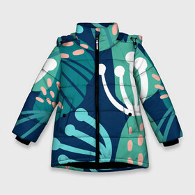 Зимняя куртка для девочек 3D с принтом Растения джунглей в Екатеринбурге, ткань верха — 100% полиэстер; подклад — 100% полиэстер, утеплитель — 100% полиэстер. | длина ниже бедра, удлиненная спинка, воротник стойка и отстегивающийся капюшон. Есть боковые карманы с листочкой на кнопках, утяжки по низу изделия и внутренний карман на молнии. 

Предусмотрены светоотражающий принт на спинке, радужный светоотражающий элемент на пуллере молнии и на резинке для утяжки. | абстракция | джунгли | зеленый | листья | паттерн | растения | синий | тропики | тропический | узор | цветочный | цветы