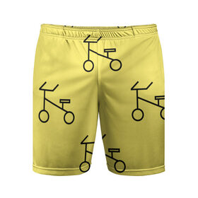 Мужские шорты спортивные с принтом Велосипеды на желтом в Екатеринбурге,  |  | велик | велосипед | велоспрот | желтый | кататься | летний | паттерн | покатушки | спорт | узор