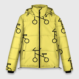 Мужская зимняя куртка 3D с принтом Велосипеды на желтом в Екатеринбурге, верх — 100% полиэстер; подкладка — 100% полиэстер; утеплитель — 100% полиэстер | длина ниже бедра, свободный силуэт Оверсайз. Есть воротник-стойка, отстегивающийся капюшон и ветрозащитная планка. 

Боковые карманы с листочкой на кнопках и внутренний карман на молнии. | Тематика изображения на принте: велик | велосипед | велоспрот | желтый | кататься | летний | паттерн | покатушки | спорт | узор