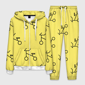 Мужской костюм 3D с принтом Велосипеды на желтом в Екатеринбурге, 100% полиэстер | Манжеты и пояс оформлены тканевой резинкой, двухслойный капюшон со шнурком для регулировки, карманы спереди | велик | велосипед | велоспрот | желтый | кататься | летний | паттерн | покатушки | спорт | узор