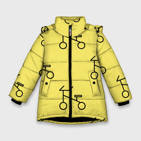 Зимняя куртка для девочек 3D с принтом Велосипеды на желтом в Екатеринбурге, ткань верха — 100% полиэстер; подклад — 100% полиэстер, утеплитель — 100% полиэстер. | длина ниже бедра, удлиненная спинка, воротник стойка и отстегивающийся капюшон. Есть боковые карманы с листочкой на кнопках, утяжки по низу изделия и внутренний карман на молнии. 

Предусмотрены светоотражающий принт на спинке, радужный светоотражающий элемент на пуллере молнии и на резинке для утяжки. | велик | велосипед | велоспрот | желтый | кататься | летний | паттерн | покатушки | спорт | узор