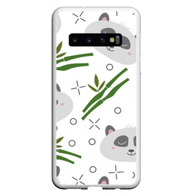 Чехол для Samsung Galaxy S10 с принтом Панда с бамбуком в Екатеринбурге, Силикон | Область печати: задняя сторона чехла, без боковых панелей | Тематика изображения на принте: бамбук | белый | детский | милый | мультяшный | панда | паттерн | узор