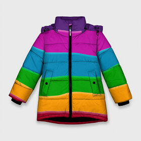 Зимняя куртка для девочек 3D с принтом Разноцветные полоски в Екатеринбурге, ткань верха — 100% полиэстер; подклад — 100% полиэстер, утеплитель — 100% полиэстер. | длина ниже бедра, удлиненная спинка, воротник стойка и отстегивающийся капюшон. Есть боковые карманы с листочкой на кнопках, утяжки по низу изделия и внутренний карман на молнии. 

Предусмотрены светоотражающий принт на спинке, радужный светоотражающий элемент на пуллере молнии и на резинке для утяжки. | иллюзия | калейдоскоп | пейзаж | полосы | природа | радуга | свет | солнце