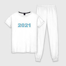 Женская пижама хлопок с принтом Новый Год 2021 в Екатеринбурге, 100% хлопок | брюки и футболка прямого кроя, без карманов, на брюках мягкая резинка на поясе и по низу штанин | новый год | новый год 2021 | рисунок | снежинки | цифры