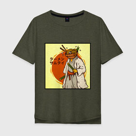 Мужская футболка хлопок Oversize с принтом Съедобный самурай в Екатеринбурге, 100% хлопок | свободный крой, круглый ворот, “спинка” длиннее передней части | Тематика изображения на принте: japan | katana | ramen | samurai | катана | лапша | рамен | самурай | япония