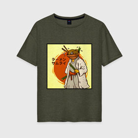 Женская футболка хлопок Oversize с принтом Съедобный самурай в Екатеринбурге, 100% хлопок | свободный крой, круглый ворот, спущенный рукав, длина до линии бедер
 | Тематика изображения на принте: japan | katana | ramen | samurai | катана | лапша | рамен | самурай | япония