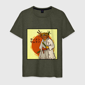 Мужская футболка хлопок с принтом Съедобный самурай в Екатеринбурге, 100% хлопок | прямой крой, круглый вырез горловины, длина до линии бедер, слегка спущенное плечо. | Тематика изображения на принте: japan | katana | ramen | samurai | катана | лапша | рамен | самурай | япония