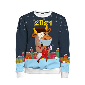 Детский свитшот 3D с принтом Коронавирусный Новый Год в Екатеринбурге, 100% полиэстер | свободная посадка, прямой крой, мягкая тканевая резинка на рукавах и понизу свитшота | Тематика изображения на принте: 2021 | 7 января | bull | newyear | santa | бык | быки | бычок | год быка | дед мороз | корова | новогодние каникулы | новогодние праздники | новый 2021 | новый год | новый год 2021 | рождество | сани | санта | санта клаус