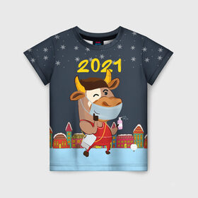 Детская футболка 3D с принтом Коронавирусный Новый Год в Екатеринбурге, 100% гипоаллергенный полиэфир | прямой крой, круглый вырез горловины, длина до линии бедер, чуть спущенное плечо, ткань немного тянется | 2021 | 7 января | bull | newyear | santa | бык | быки | бычок | год быка | дед мороз | корова | новогодние каникулы | новогодние праздники | новый 2021 | новый год | новый год 2021 | рождество | сани | санта | санта клаус