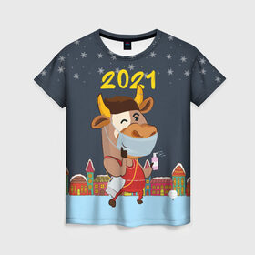 Женская футболка 3D с принтом Коронавирусный Новый Год в Екатеринбурге, 100% полиэфир ( синтетическое хлопкоподобное полотно) | прямой крой, круглый вырез горловины, длина до линии бедер | 2021 | 7 января | bull | newyear | santa | бык | быки | бычок | год быка | дед мороз | корова | новогодние каникулы | новогодние праздники | новый 2021 | новый год | новый год 2021 | рождество | сани | санта | санта клаус