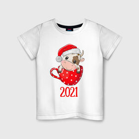 Детская футболка хлопок с принтом Милый новогодний бычок 2021 в Екатеринбурге, 100% хлопок | круглый вырез горловины, полуприлегающий силуэт, длина до линии бедер | Тематика изображения на принте: 2021 | 7 января | bull | newyear | santa | бык | быки | бычок | год быка | дед мороз | корова | новогодние каникулы | новогодние праздники | новый 2021 | новый год | новый год 2021 | рождество | сани | санта | санта клаус