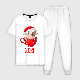 Мужская пижама хлопок с принтом Милый новогодний бычок 2021 в Екатеринбурге, 100% хлопок | брюки и футболка прямого кроя, без карманов, на брюках мягкая резинка на поясе и по низу штанин
 | Тематика изображения на принте: 2021 | 7 января | bull | newyear | santa | бык | быки | бычок | год быка | дед мороз | корова | новогодние каникулы | новогодние праздники | новый 2021 | новый год | новый год 2021 | рождество | сани | санта | санта клаус