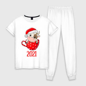 Женская пижама хлопок с принтом Милый новогодний бычок 2021 в Екатеринбурге, 100% хлопок | брюки и футболка прямого кроя, без карманов, на брюках мягкая резинка на поясе и по низу штанин | 2021 | 7 января | bull | newyear | santa | бык | быки | бычок | год быка | дед мороз | корова | новогодние каникулы | новогодние праздники | новый 2021 | новый год | новый год 2021 | рождество | сани | санта | санта клаус