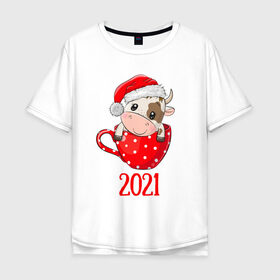 Мужская футболка хлопок Oversize с принтом Милый новогодний бычок 2021 в Екатеринбурге, 100% хлопок | свободный крой, круглый ворот, “спинка” длиннее передней части | Тематика изображения на принте: 2021 | 7 января | bull | newyear | santa | бык | быки | бычок | год быка | дед мороз | корова | новогодние каникулы | новогодние праздники | новый 2021 | новый год | новый год 2021 | рождество | сани | санта | санта клаус