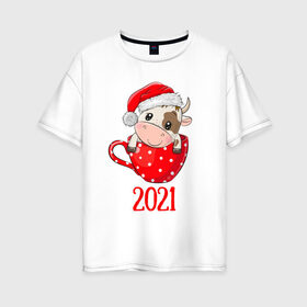 Женская футболка хлопок Oversize с принтом Милый новогодний бычок 2021 в Екатеринбурге, 100% хлопок | свободный крой, круглый ворот, спущенный рукав, длина до линии бедер
 | 2021 | 7 января | bull | newyear | santa | бык | быки | бычок | год быка | дед мороз | корова | новогодние каникулы | новогодние праздники | новый 2021 | новый год | новый год 2021 | рождество | сани | санта | санта клаус