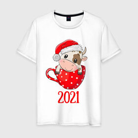Мужская футболка хлопок с принтом Милый новогодний бычок 2021 в Екатеринбурге, 100% хлопок | прямой крой, круглый вырез горловины, длина до линии бедер, слегка спущенное плечо. | 2021 | 7 января | bull | newyear | santa | бык | быки | бычок | год быка | дед мороз | корова | новогодние каникулы | новогодние праздники | новый 2021 | новый год | новый год 2021 | рождество | сани | санта | санта клаус