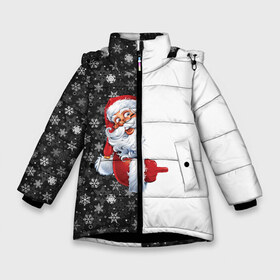 Зимняя куртка для девочек 3D с принтом Дедушка Мороз в Екатеринбурге, ткань верха — 100% полиэстер; подклад — 100% полиэстер, утеплитель — 100% полиэстер. | длина ниже бедра, удлиненная спинка, воротник стойка и отстегивающийся капюшон. Есть боковые карманы с листочкой на кнопках, утяжки по низу изделия и внутренний карман на молнии. 

Предусмотрены светоотражающий принт на спинке, радужный светоотражающий элемент на пуллере молнии и на резинке для утяжки. | christmas | merry christmas | дед мороз | ёлка | зима | мороз | новый год | подарок | праздник | рождество | с новым годом | санта клаус | снегурочка | снежинки