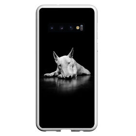 Чехол для Samsung Galaxy S10 с принтом Puppy в Екатеринбурге, Силикон | Область печати: задняя сторона чехла, без боковых панелей | Тематика изображения на принте: bull terrier | dog | ears | eyes | muzzle | nose | paws | puppy | бультерьер | глаза | лапы | нос | уши | щенок