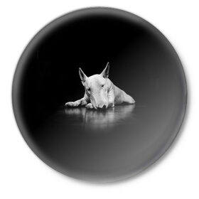 Значок с принтом Puppy в Екатеринбурге,  металл | круглая форма, металлическая застежка в виде булавки | bull terrier | dog | ears | eyes | muzzle | nose | paws | puppy | бультерьер | глаза | лапы | нос | уши | щенок