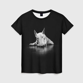 Женская футболка 3D с принтом Puppy в Екатеринбурге, 100% полиэфир ( синтетическое хлопкоподобное полотно) | прямой крой, круглый вырез горловины, длина до линии бедер | bull terrier | dog | ears | eyes | muzzle | nose | paws | puppy | бультерьер | глаза | лапы | нос | уши | щенок