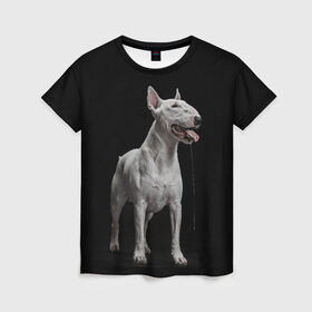 Женская футболка 3D с принтом Bully в Екатеринбурге, 100% полиэфир ( синтетическое хлопкоподобное полотно) | прямой крой, круглый вырез горловины, длина до линии бедер | bull terrier | dog | ears | eyes | fangs | jaw | muzzle | paws | saliva | tongue | бультерьер | глаза | клыки | лапы | нос | пасть | слюна | собака | уши | язык