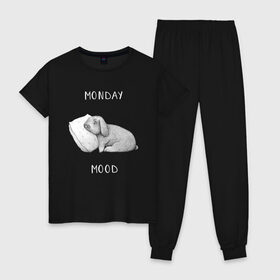 Женская пижама хлопок с принтом Monday Mood в Екатеринбурге, 100% хлопок | брюки и футболка прямого кроя, без карманов, на брюках мягкая резинка на поясе и по низу штанин | Тематика изображения на принте: dream | monday | mood | rabbit | sleep | заяц | кролик | понедельник | работа | сон | спать