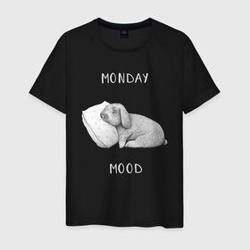 Мужская футболка хлопок с принтом Monday Mood в Екатеринбурге, 100% хлопок | прямой крой, круглый вырез горловины, длина до линии бедер, слегка спущенное плечо. | dream | monday | mood | rabbit | sleep | заяц | кролик | понедельник | работа | сон | спать