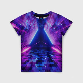 Детская футболка 3D с принтом Неоновый туннель в Екатеринбурге, 100% гипоаллергенный полиэфир | прямой крой, круглый вырез горловины, длина до линии бедер, чуть спущенное плечо, ткань немного тянется | геометрия | лазер | неон | розовый | свет | синий | треугольник | фигура | фиолетовый | цвета