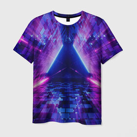 Мужская футболка 3D с принтом Неоновый туннель в Екатеринбурге, 100% полиэфир | прямой крой, круглый вырез горловины, длина до линии бедер | Тематика изображения на принте: геометрия | лазер | неон | розовый | свет | синий | треугольник | фигура | фиолетовый | цвета