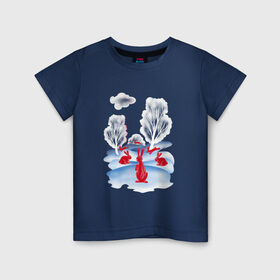 Детская футболка хлопок с принтом КРАСНЫЕ ЗАЙЦЫ в Екатеринбурге, 100% хлопок | круглый вырез горловины, полуприлегающий силуэт, длина до линии бедер | для детей | зайцы | зайчики | зима | красный | пейзаж