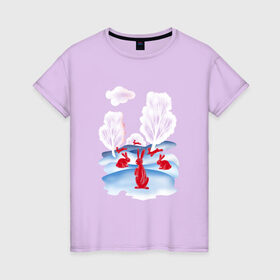 Женская футболка хлопок с принтом КРАСНЫЕ ЗАЙЦЫ в Екатеринбурге, 100% хлопок | прямой крой, круглый вырез горловины, длина до линии бедер, слегка спущенное плечо | Тематика изображения на принте: для детей | зайцы | зайчики | зима | красный | пейзаж