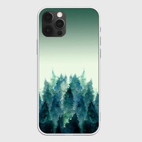 Чехол для iPhone 12 Pro с принтом акварельный лес градиент в Екатеринбурге, силикон | область печати: задняя сторона чехла, без боковых панелей | Тематика изображения на принте: акварель | горы | деревья | дымка | ели | лес | нрадиент | олень | отражение | природа | рисунок | силуэты