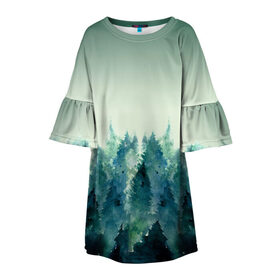 Детское платье 3D с принтом акварельный лес градиент в Екатеринбурге, 100% полиэстер | прямой силуэт, чуть расширенный к низу. Круглая горловина, на рукавах — воланы | акварель | горы | деревья | дымка | ели | лес | нрадиент | олень | отражение | природа | рисунок | силуэты