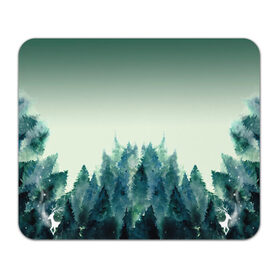 Коврик для мышки прямоугольный с принтом акварельный лес градиент в Екатеринбурге, натуральный каучук | размер 230 х 185 мм; запечатка лицевой стороны | акварель | горы | деревья | дымка | ели | лес | нрадиент | олень | отражение | природа | рисунок | силуэты