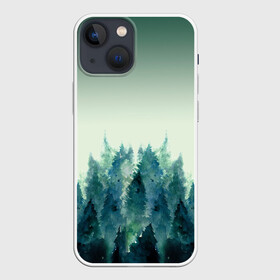 Чехол для iPhone 13 mini с принтом акварельный лес градиент в Екатеринбурге,  |  | акварель | горы | деревья | дымка | ели | лес | нрадиент | олень | отражение | природа | рисунок | силуэты