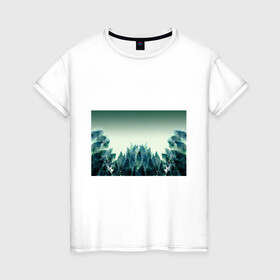 Женская футболка хлопок с принтом акварельный лес градиент в Екатеринбурге, 100% хлопок | прямой крой, круглый вырез горловины, длина до линии бедер, слегка спущенное плечо | акварель | горы | деревья | дымка | ели | лес | нрадиент | олень | отражение | природа | рисунок | силуэты