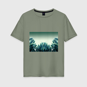 Женская футболка хлопок Oversize с принтом акварельный лес градиент в Екатеринбурге, 100% хлопок | свободный крой, круглый ворот, спущенный рукав, длина до линии бедер
 | акварель | горы | деревья | дымка | ели | лес | нрадиент | олень | отражение | природа | рисунок | силуэты