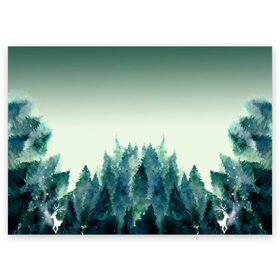 Поздравительная открытка с принтом акварельный лес градиент в Екатеринбурге, 100% бумага | плотность бумаги 280 г/м2, матовая, на обратной стороне линовка и место для марки
 | акварель | горы | деревья | дымка | ели | лес | нрадиент | олень | отражение | природа | рисунок | силуэты