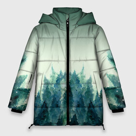 Женская зимняя куртка 3D с принтом акварельный лес градиент в Екатеринбурге, верх — 100% полиэстер; подкладка — 100% полиэстер; утеплитель — 100% полиэстер | длина ниже бедра, силуэт Оверсайз. Есть воротник-стойка, отстегивающийся капюшон и ветрозащитная планка. 

Боковые карманы с листочкой на кнопках и внутренний карман на молнии | Тематика изображения на принте: акварель | горы | деревья | дымка | ели | лес | нрадиент | олень | отражение | природа | рисунок | силуэты
