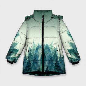 Зимняя куртка для девочек 3D с принтом акварельный лес градиент в Екатеринбурге, ткань верха — 100% полиэстер; подклад — 100% полиэстер, утеплитель — 100% полиэстер. | длина ниже бедра, удлиненная спинка, воротник стойка и отстегивающийся капюшон. Есть боковые карманы с листочкой на кнопках, утяжки по низу изделия и внутренний карман на молнии. 

Предусмотрены светоотражающий принт на спинке, радужный светоотражающий элемент на пуллере молнии и на резинке для утяжки. | акварель | горы | деревья | дымка | ели | лес | нрадиент | олень | отражение | природа | рисунок | силуэты