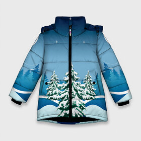 Зимняя куртка для девочек 3D с принтом Зимние ели под снегом арт в Екатеринбурге, ткань верха — 100% полиэстер; подклад — 100% полиэстер, утеплитель — 100% полиэстер. | длина ниже бедра, удлиненная спинка, воротник стойка и отстегивающийся капюшон. Есть боковые карманы с листочкой на кнопках, утяжки по низу изделия и внутренний карман на молнии. 

Предусмотрены светоотражающий принт на спинке, радужный светоотражающий элемент на пуллере молнии и на резинке для утяжки. | Тематика изображения на принте: арт | графика | ели | елки | звезды | зима | лес | мороз | праздники | природа | рисунок | снег | снежок