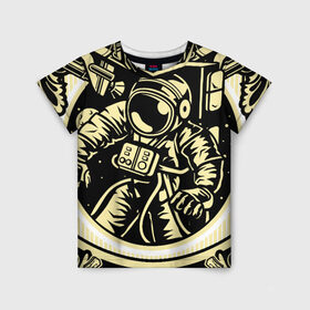 Детская футболка 3D с принтом Космонавт освоение космоса в Екатеринбурге, 100% гипоаллергенный полиэфир | прямой крой, круглый вырез горловины, длина до линии бедер, чуть спущенное плечо, ткань немного тянется | Тематика изображения на принте: astronaut | outerspace | астронавт | буквы | в космосе | гитара | дата | космический корабль | космическое пространство | космонавт | космос | скафандр | слова | узоры | фразы | цифры | шаттл
