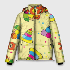 Мужская зимняя куртка 3D с принтом Детские игрушки в Екатеринбурге, верх — 100% полиэстер; подкладка — 100% полиэстер; утеплитель — 100% полиэстер | длина ниже бедра, свободный силуэт Оверсайз. Есть воротник-стойка, отстегивающийся капюшон и ветрозащитная планка. 

Боковые карманы с листочкой на кнопках и внутренний карман на молнии. | Тематика изображения на принте: детский | для ребенка | дочь | желтый | игрушки | красочный | милый | мишка | пирамидка | принт | рисованный | сын | узор | яркий