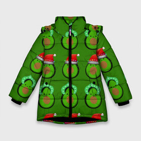 Зимняя куртка для девочек 3D с принтом Авокадо отмечают Новый год! в Екатеринбурге, ткань верха — 100% полиэстер; подклад — 100% полиэстер, утеплитель — 100% полиэстер. | длина ниже бедра, удлиненная спинка, воротник стойка и отстегивающийся капюшон. Есть боковые карманы с листочкой на кнопках, утяжки по низу изделия и внутренний карман на молнии. 

Предусмотрены светоотражающий принт на спинке, радужный светоотражающий элемент на пуллере молнии и на резинке для утяжки. | Тематика изображения на принте: 2021 | авокадо | авокадо дед мороз | авокадо дед мороз и снегурочка | авокадо новый год | авокадо паттерн | авокадо снегурочка | авокадо тусовка | дед мороз и снегурочка авокадо