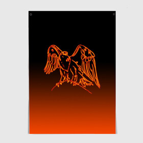 Постер с принтом Огненный орел в Екатеринбурге, 100% бумага
 | бумага, плотность 150 мг. Матовая, но за счет высокого коэффициента гладкости имеет небольшой блеск и дает на свету блики, но в отличии от глянцевой бумаги не покрыта лаком | bird | eagle | falcon | fiery | fire | neon | orange | арт | беркут | горящая птица | дикий | животные | крылья | неоновый | огненная птица | орел | орлан | перья | пламя | природа | птица | птица огонь | птичка | сокол