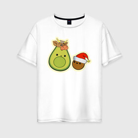 Женская футболка хлопок Oversize с принтом Авокадо встречают год Быка в Екатеринбурге, 100% хлопок | свободный крой, круглый ворот, спущенный рукав, длина до линии бедер
 | 2021 | авокадо | авокадо бык | авокадо дед мороз | авокадо мама и малыш | авокадо новогодний | авокадо новый год | авокадо семья | бык костюм | год быка | год быка авокадо | дед мороз
